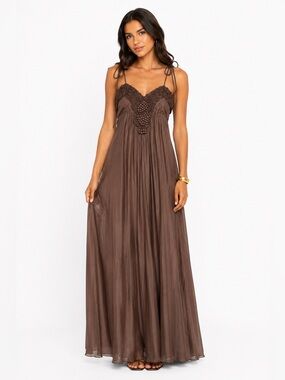 Antik Batik Brown Silk Blend Embellished Tie Strap Maxi Dress XS